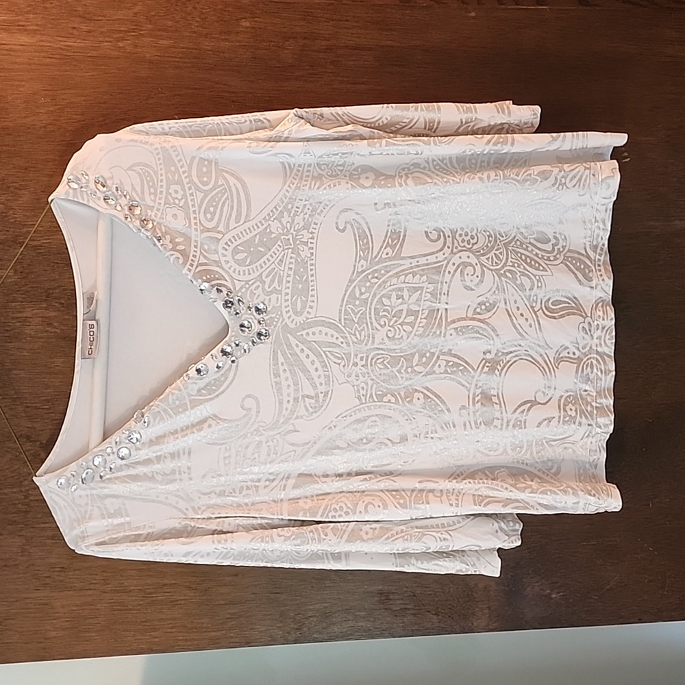 Chicos white & silver beaded top, XL, EUC, stretchy, Chico size 3
